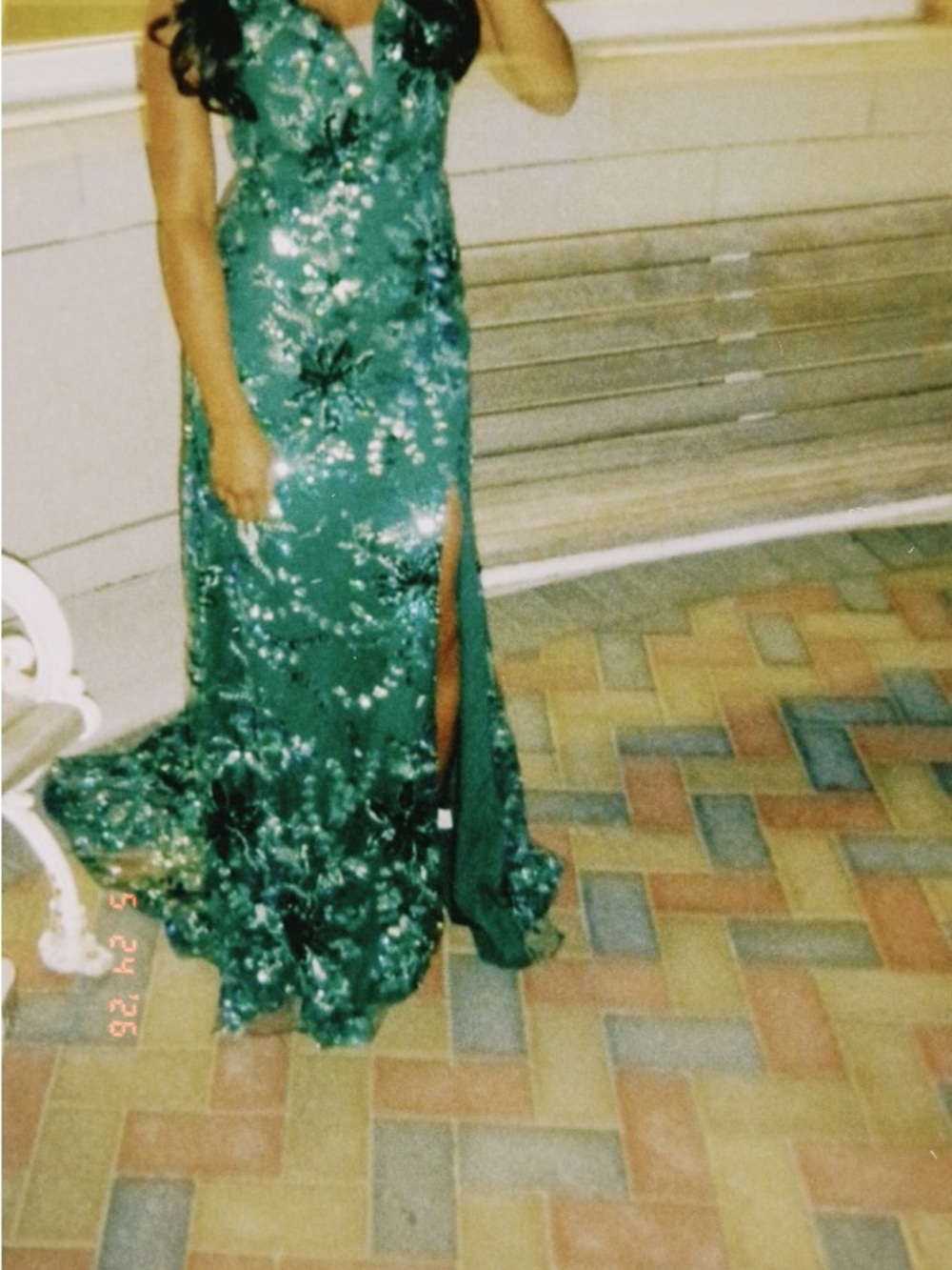 Sequined Emerald Green Prom Gown with Side Slit